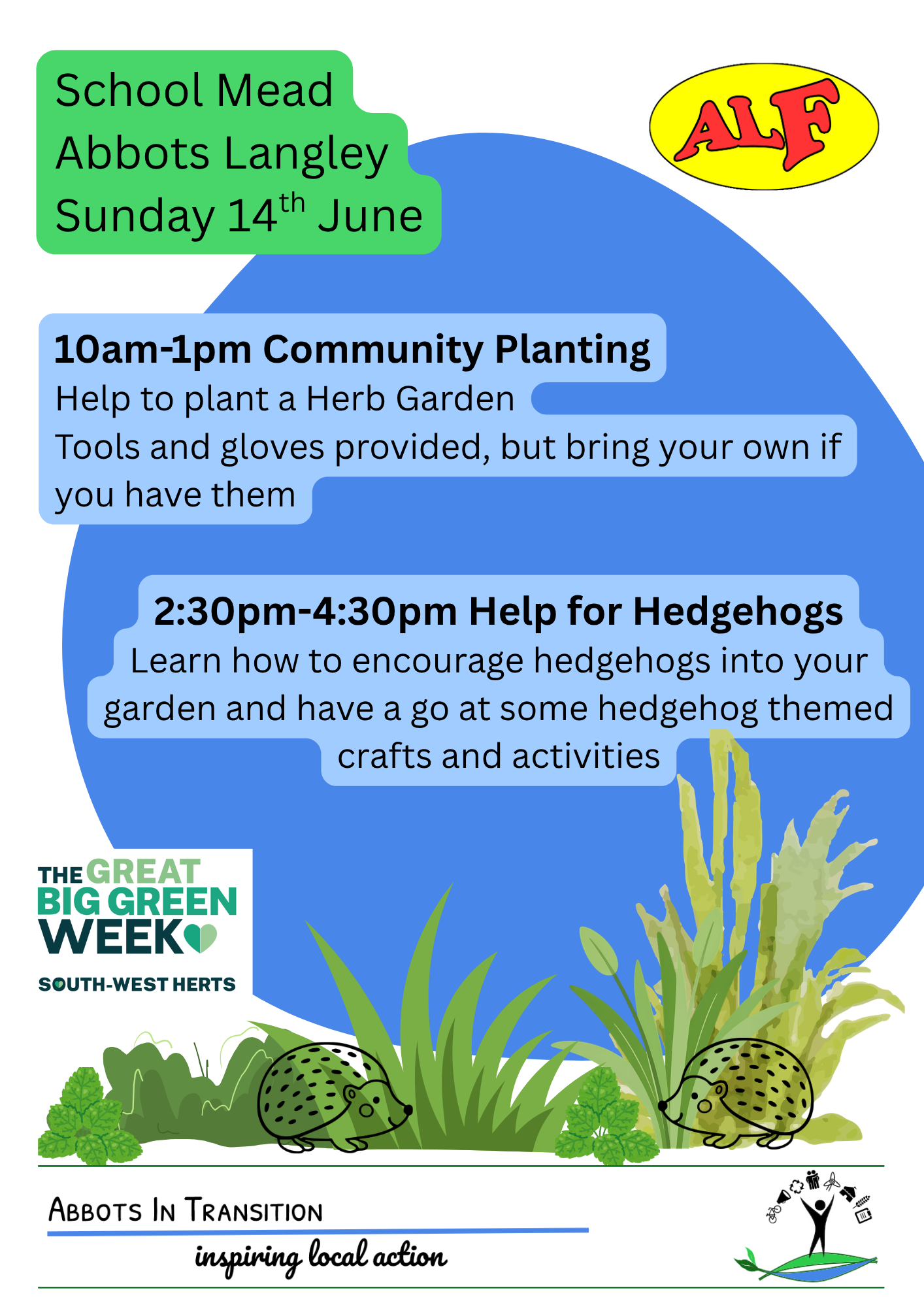 Green Up School Mead & Help the Hedgehogs(ALF and GBGW events) School Mead Sun 14 June
